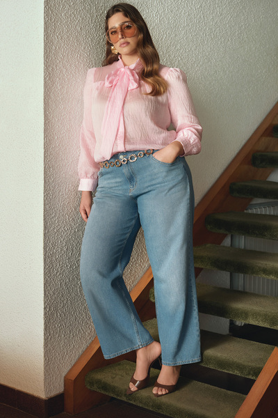 Trendyol Curve Blue High Waist Loose Straight Fit 100% Cotton Non-Stretch Plu...