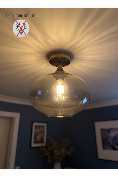 Bamyum Solvia Bal Rengi Cam Yuvarlak Rustik Piramit Plafonyer Başlık Tekli E2...