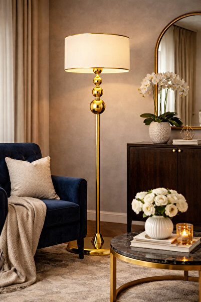 Vinner Vega Gold Modern Metal Lambader – Krem Kumaş Başlıklı Dekoratif Salon ...