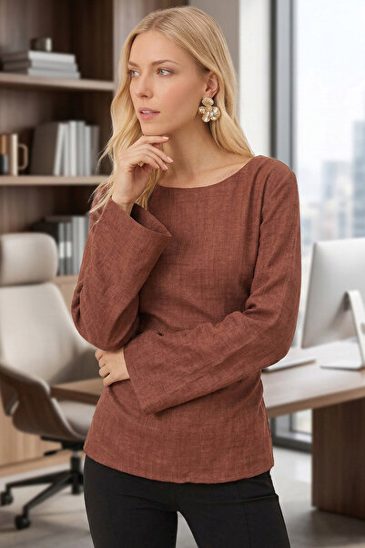 armonika Kadın Kahverengi Kayık Yaka Yanları Büzgülü Arkası İp Detaylı Bluz A...