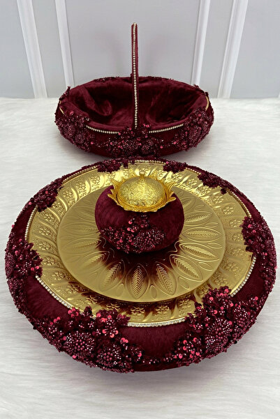 ZEYMERADE Bordo Vip Aplikli Kadife Kına Gecesi Tepsi Sepet Gelin Takımı, Nişa...