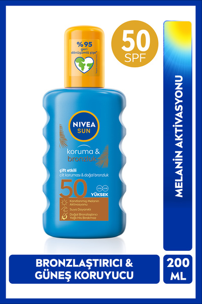 NIVEA SUN SPF50 Çift Etkili Yüksek Koruma Ve Bronzluk Güneş Spreyi 200ml, Doğ...