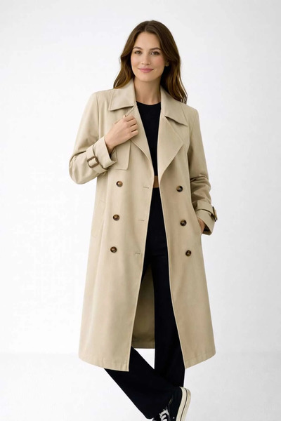 GİYİYORUM Kadın Uzun Trençkot Kuşaklı Düğmeli Kol Kemerli Su ve Rüzgar Geçirm...