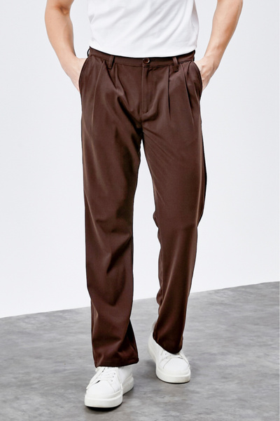 HLT JEANS Muške smeđe dvostruke Nabrano udobne kroj elastične pantalone sa ši...