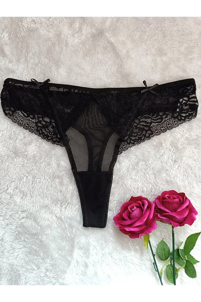 Papatya Yan Dantel Detaylı Transparan Arkası Tanga Kadın İç Giyim Külot ( SİY...