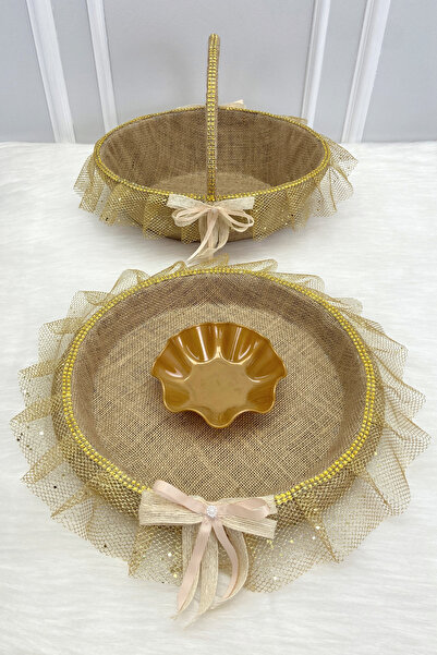 ZEYMERADE سلة وصينية زفاف من الخيزران والجوت للعروس، هدية زفاف وديكور