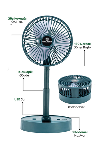 Waldern Şarjlı Teleskopik Katlanılabilir Mini Fan Masa Üstü Vantilatörü Usb Soğutucu Sessiz El Fanı