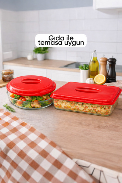 omilife Kırmızı Sızdırmaz Borcam Kapağı Yuvarlak ve Dikdörtgen Gıda Saklama 29x38 cm
