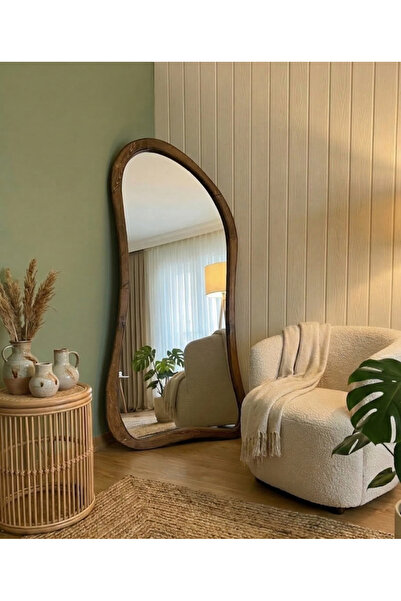 Ersan Dizayn Ceviz Ahşap Çerçeve Asimetrik Model Ayaklı Boy Aynası 80x180