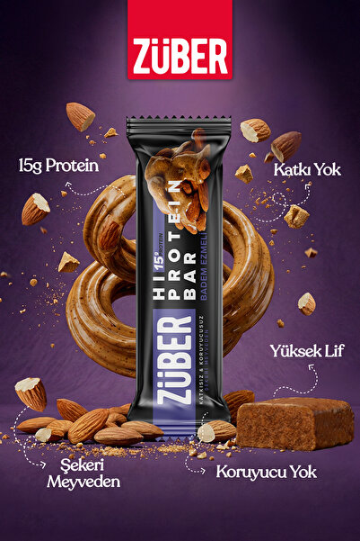 Züber Hi Protein Badem Ezmeli Yüksek Protein Bar 45g x 12 Adet (15g Protein)