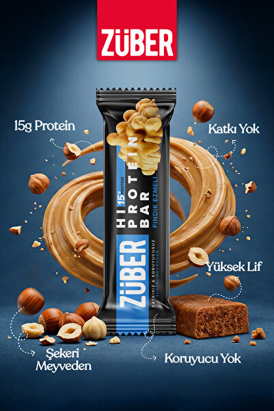 Züber Hi Protein Fındık Ezmeli Yüksek Protein Bar 45g x 12 Adet (15g Protein)