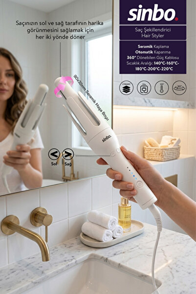 Sinbo SHD-1728 Otomatik Saç Maşası Seramik Kaplama Saç Şekillendirici LED Isı...