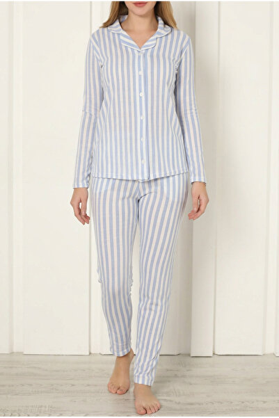 Nicoletta Kadın Pijama Uzun Kollu Düğmeli Pijama Takımı Cepli Pamuk  MAVİ
