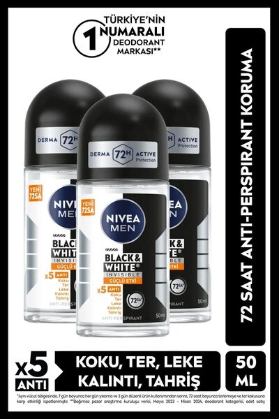 NIVEA MEN Erkek Roll-on Deodorant Black&White Güçlü Etki 50 ml, 72 Saat Anti-...