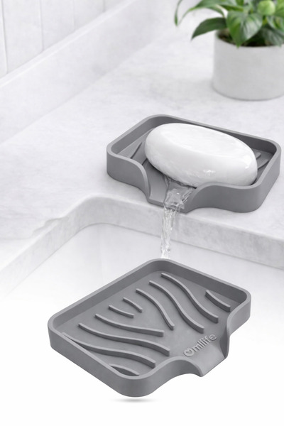 omilife Suport pentru săpun din silicon gri cu scurgere de apă, cu ventuză, c...