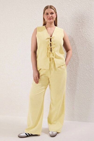 Trendyol Curve Yellow Wide Leg Linen Look Front Drawstring Bottom Top Set Tbb...