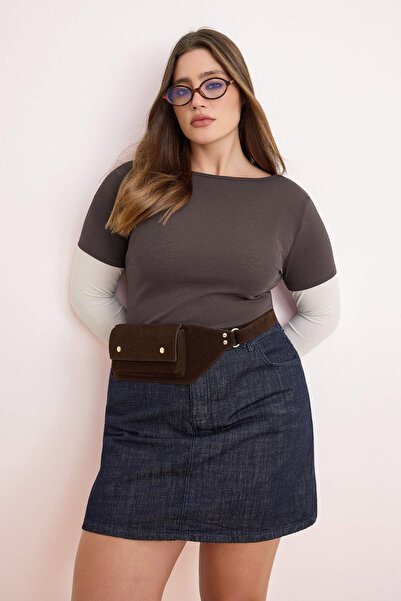 Trendyol Curve Anthrazit-Ecru Bluse mit Ärmeldetail aus Schaumstoffstrick in ...