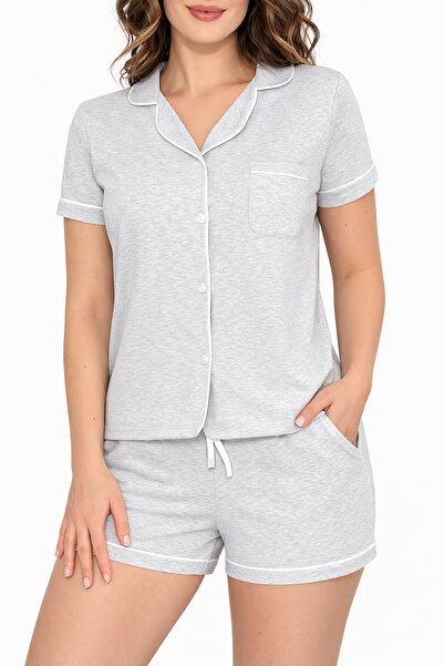 Nicoletta Kadın Şortlu Pijama Takımı Kısa Kollu Düğmeli Cepli Pamuk TAŞ