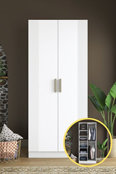 Rani Mobilya Rani BA222 Membran Kapaklı Gardırop 2 Kapaklı 6 Raflı 2 Askılı E...