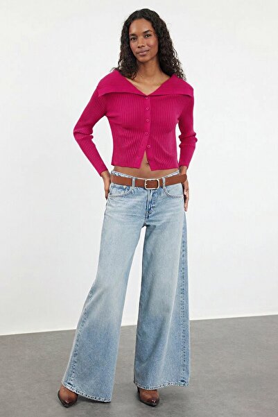 Trendyol Collection Fuchsia Crop Turn-Down Collar Knitwear Cardigan Twoaw24Hi...