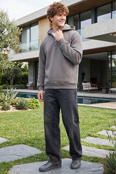 Tudors Унисекс суитшърт с качулка, удобна кройка и половин цип, сив, с полар ...