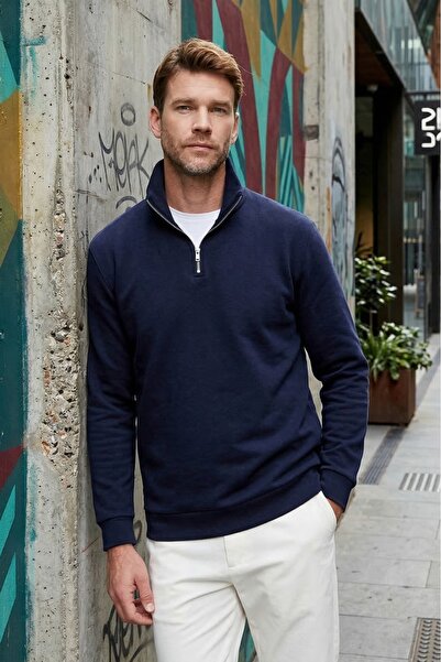 Tudors Unisex Relax Fit Rahat Kesim Pamuklu İçi Polarlı Yarım Fermuarlı Laciv...