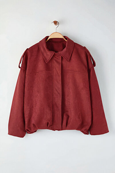 Trendyol Collection Palton din piele intoarsa, culoare burgundy, mărime mare,...