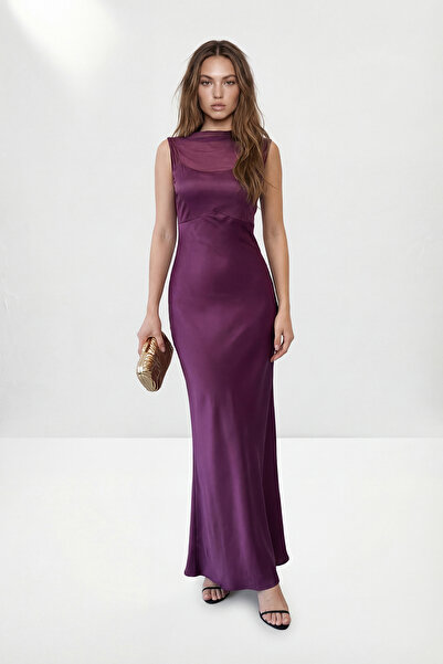 Trendyol Collection Plum Plain Satin Maxi Evening & Graduation Dress Tprss26A...