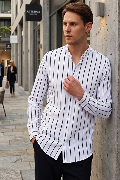 Tudors Slim Fit Uzun Kollu Hakim Yaka Pamuklu Kolay Ütü Çizgili Erkek Beyaz G...