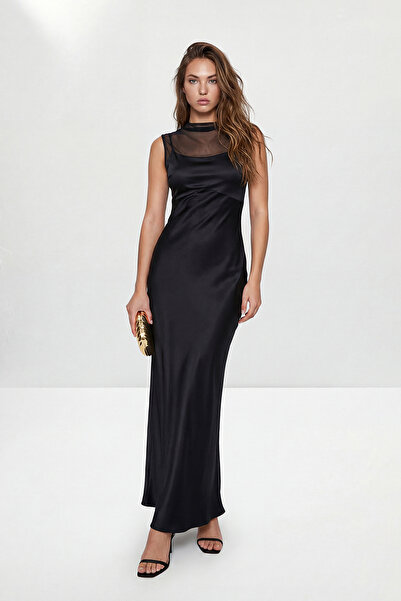 Trendyol Collection Black Plain Satin Maxi Evening & Graduation Dress Tprss26...