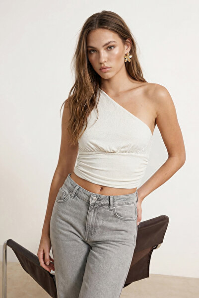 Trendyol Collection Glitzerndes, ecrufarbenes Strick-Bustier - Crop Boy, gefü...