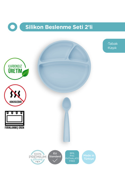 OiOi Vakum Tabanlı Silikon Tabak - Nam Nam Kaşık 2'li Set - Mavi