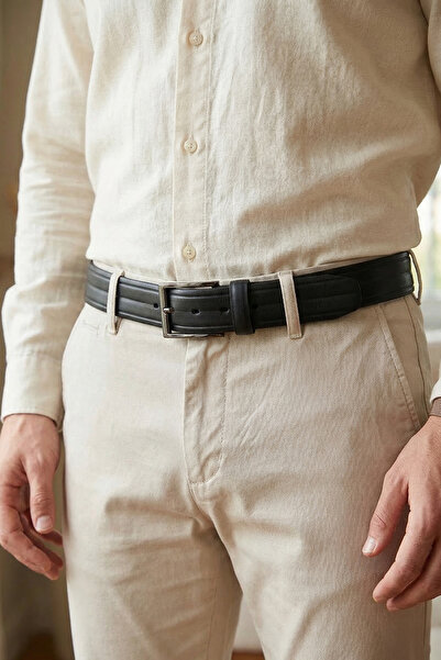 Tudors Curea neagră clasică pentru bărbați, 100% piele naturală, 3,5 cm