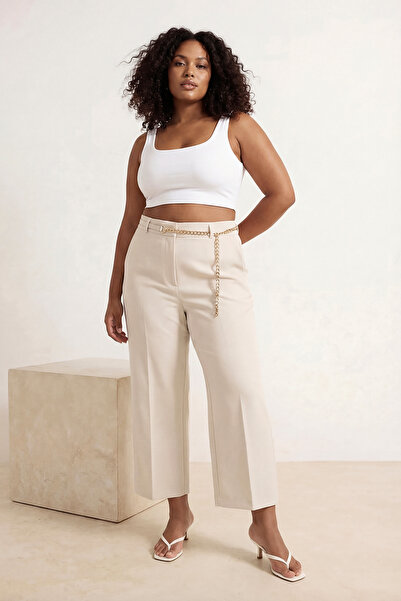 Trendyol Curve Ekru Wysoki stan Rura nogawki Detale Duży rozmiar Tkane spodni...