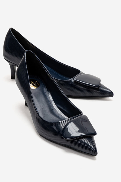 LuviShoes Briana Navy Blue Striped Buckle Women's Heeled Shoes