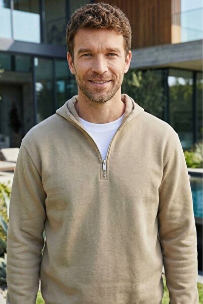 Tudors Unisex Relax Fit Rahat Kesim Pamuklu İçi Polarlı Yarım Fermuarlı Taş R...