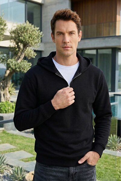 Tudors Unisex Relax Fit Rahat Kesim Pamuklu İçi Polarlı Yarım Fermuarlı Siyah...