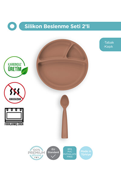 OiOi Vakum Tabanlı Silikon Tabak Ve Nam Nam Kaşık 2'li Set Woody Brown