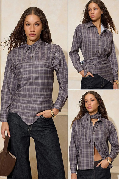 Trendyol Collection Mehrfarbiges, braunes Hemd mit abnehmbarem Schal-Detail T...