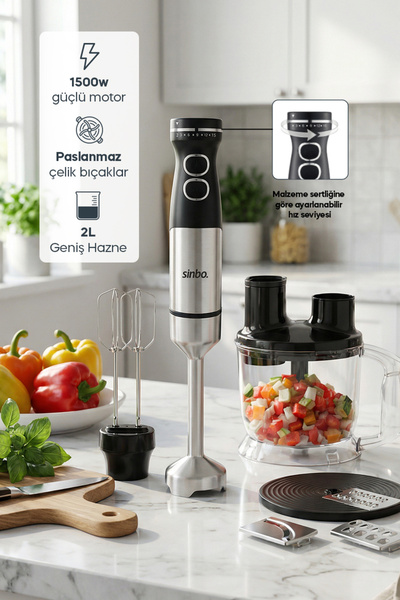 Sinbo SHB-7533 - 1500 W -Çok Fonksiyonlu El Blender Seti | Doğrayıcı, Çırpıcı...