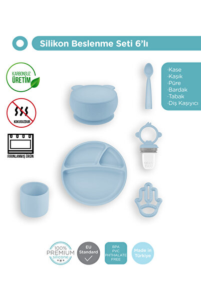 OiOi Silikon Full Set Tabak + Bardak +kaşík+kase+anneli Diş Kaşíyící+püre Mavi