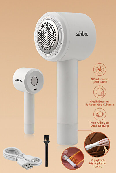 Sinbo SS-4076 Şarjlı Tiftik Temizleyici, 6 Çelik Bıçaklı, Type-C Şarjlı, Roll...