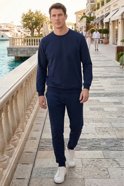 Tudors Men's Relax Fit Cotton 2 Thread Soft Textured Crew Neck Navy Blue Trac...