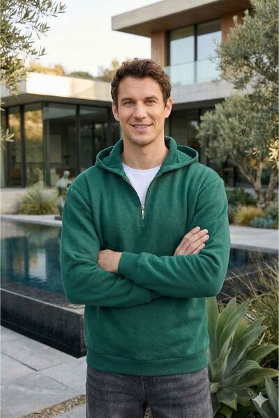 Tudors Unisex Relax Fit Rahat Kesim Pamuklu İçi Polarlı Yarım Fermuarlı Haki ...