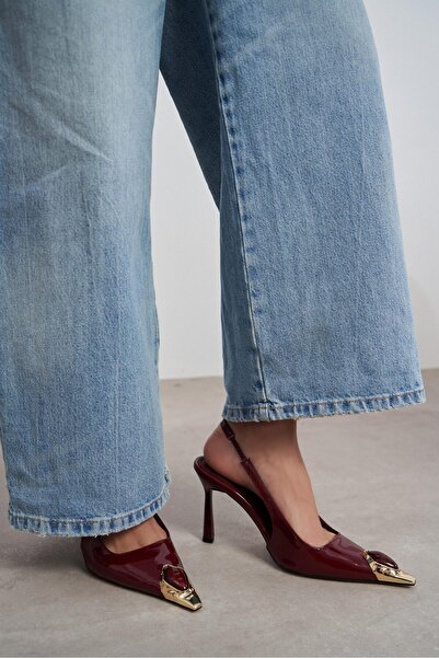 NİŞANTAŞI SHOES Viper Claret Red Patent Leather Gold Framed Stone Accessory D...