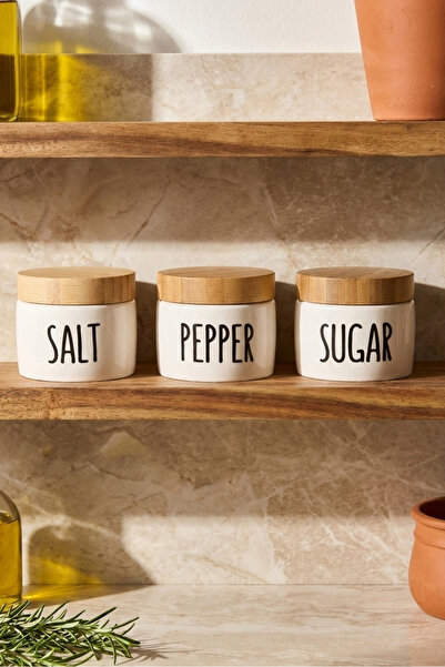 Perotti Amara 3'lü Porselen Baharatlık Seti Beyaz Yuvarlak Bambu Kapaklı Kavanoz