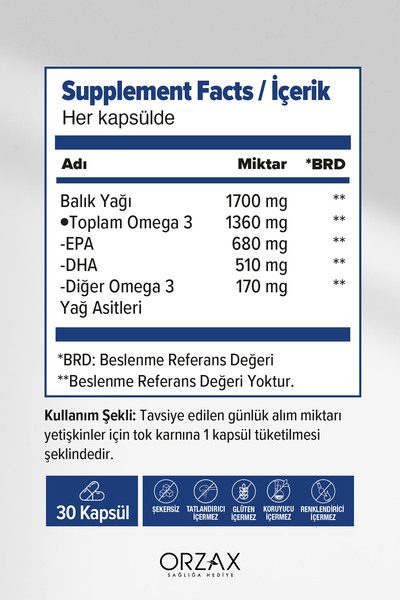 Ocean Ultimate Omega 3 Balık Yağı (1360mg Omega 3, EPA, DHA, 1700mg Balık Yağı) - 30 SOFT KAPSÜL