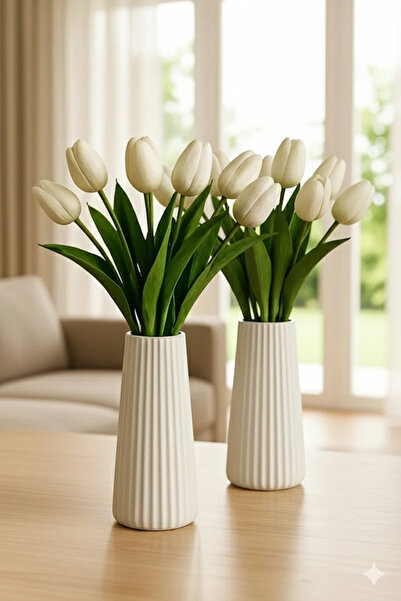 millonu مزهريتان أنيقتان من السيراميك الأبيض المخطط من ليمودرن للزينة - تصميم...