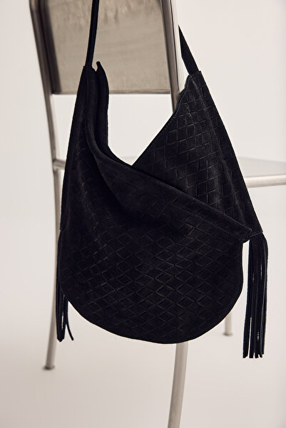 Muse for all x Trendyolmilla Schwarze Tasche aus echtem Leder mit Quasten TAK...