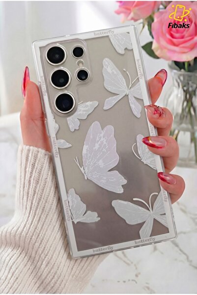 Fibaks Galaxy S25 Ultra Kılıf Şeffaf Kelebek Tasarımlı Desenli Kamera Korumal...